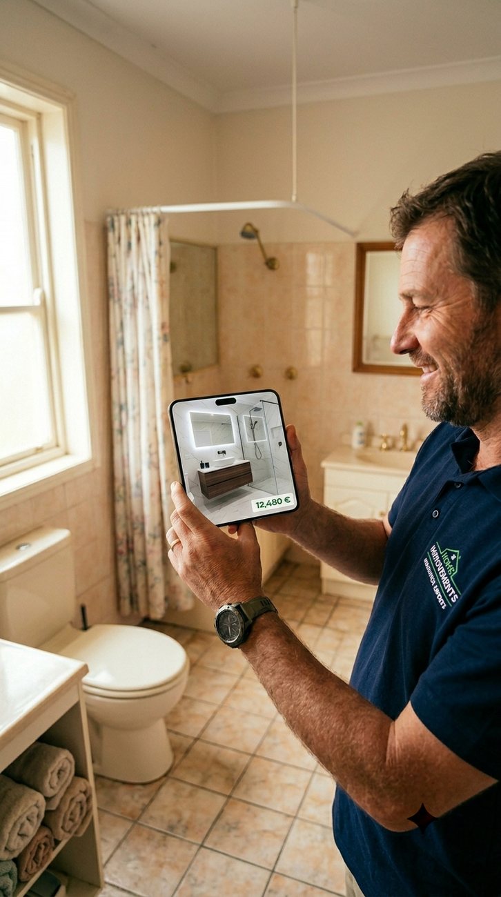 Handwerker zeigt Vorher/Nachher und Preis am Smartphone
